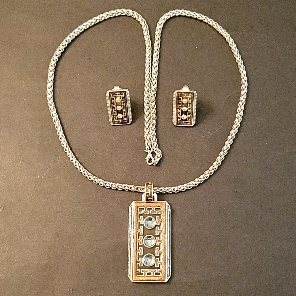 NEW Silver-tone & Bronze Enamel Necklace & Clip Earrings Set! Blue Crystals